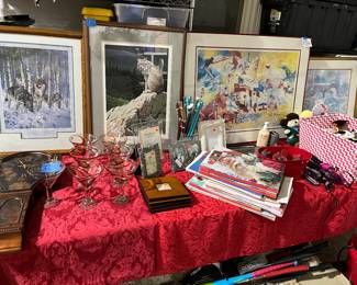 Ethan Allen Clock ,Hand Blown Martini Glasses, Wildlife Art, Water Color, Picture Frames.