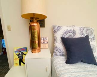 IKEA cabinets, antique fire extinguisher lamp