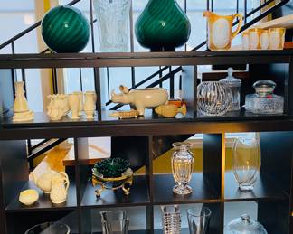 large fine green glass vases there are three in this series. Belek Irish porcelain, gorgeous glass vase collection, frosted Dutch Mill pitcher and tumblers,
