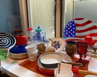 large Pflatzgraff covered dish, big red pan, vintage lion planter and mug, Italian stuff all NOS