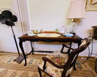 NOLA antique console table, antique standing fan, newer tapestry covered arm chair, pair of crystal lamps with wooden chinois bases, rug is huge will post dimensions asap