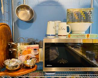 excellent cutting boards, vintage Derma glass set has black polka dots, French pitchers, lots of beautiful stainless high quality utensils.