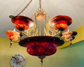 alabaster chandelier, bulb out on far right out and medallion give an idea how it looks unlight