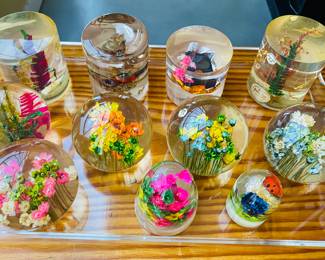 vintage acrylic paperweights, floral, sea themed, flowers with chocolate, birds and nest