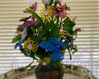 antique glass beaded flowers bouquet in pewter vase NOLA
