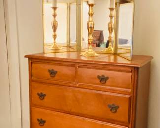 nice chest with vintage folding brass mirror and brass lamp