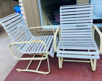 mid century iron patio bouncers, there are four plus a table and chaise lounger, dove grey tone vinyl. love me because i will last another lifetime and need just a bit of attention.
