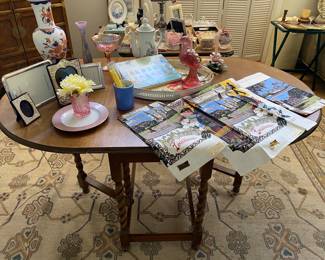 antique oak barley twist gate leg oval table. visit the NOLA room for some southern style charm. NOS pristine linen tea towels,