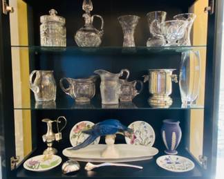 large crystal and pewter pieces, Nambe pewter, pewter toasting cups, large Alice In Wonderland porcelain platter, large porcelain blue macaw parrot,