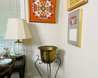 nice brass pots, stands and buckets , gorgeous Amari needlepoint, vintage framed butterfly and art piece