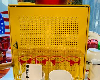 NOS Derma red bowtie glass set, Guzzini ceramic mugs, big red enamel pot and vintage yellow metal bread box