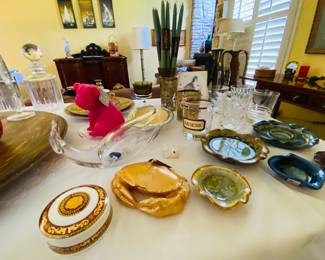 large pink Frenchie candle, glass whale, pottery and fall decor