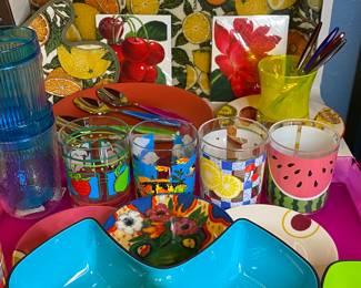 NOS vintage tumblers, pink Italian tray, vintage citrus tray , find some color to inspire