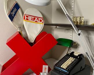 vintage tennis rackets, old office