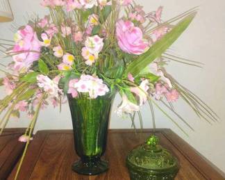 Green Glass Vase and Candy Dish