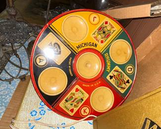 1930's lithographed metal Michigan Rhummy Board Game Tray