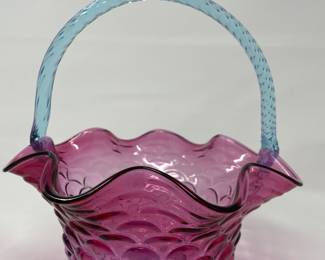 Fenton Mulberry Mermaid Tail Scales Glass Basket Blue Twisted Handle