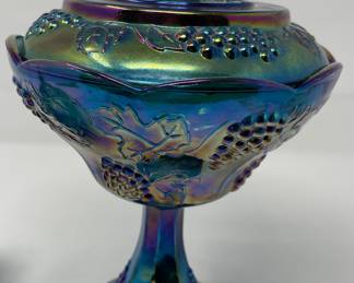 Indiana Carnival Glass Iridescent Blue Covered Compote Candy Dish  - Harvest Grape