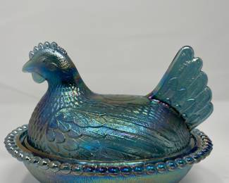 Vintage Indiana Blue Depression Glass Covered Chicken -  Beautiful Carnival Glass 