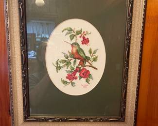 Framed Cross-stitched hummingbird