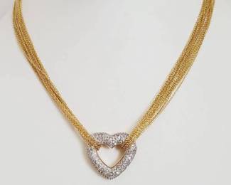 14K Gold with Pave' Set Diamonds Heart Statement Necklace - 17" (23.8 Grams)