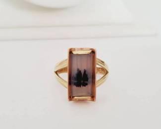 Antique 14K Gold with Dendritic Moss Agate Stone Ring -Size 10 3/4 (9.6 Grams TW)