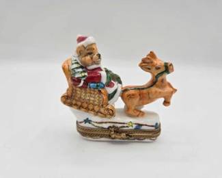 1956  Teddy Bear Santa Clause and Reindeer Limoges Trinket Box 