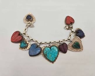 910  MultiStone Sterling Silver Charm Bracelet , 114.67g 