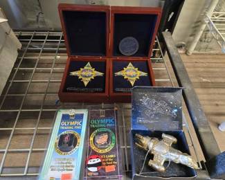 4128  2 Disney Collectable Pins, 2 Olympic Trading Pins, and Firefly Serenity Christmas Ornament 