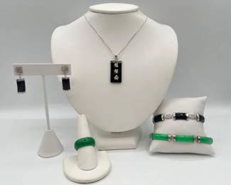 902  Sterling Silver Nephrite  Black Onyx Jewelry Sets, 33.93g 