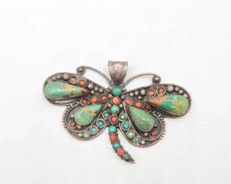 912  Native American Sterling Silver Vintage Butterfly Turqouise  Coral Pendant, 28.3g 