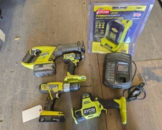 4084  2 Ryobi Power Drills, 2 Reciprocating Saws, 1 40V PowerSource 300W Battery Inverter, 2 18V Ba... 
