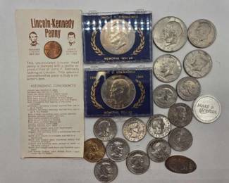 1508  Collection of Half Dollars, Dollar Coins, Penny  Tokens 