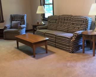 Two recliners built into sofa.  Chair is also a recliner PLUS a rocker.