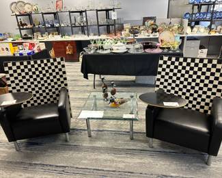 Steelcase Checkered Chairs with Tables and Wheels, Glass Table