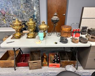 Antique tools, boxes, Coca Cola Bottles, etc.