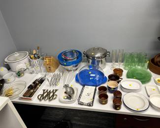 Kitchen items; Crockpot, Knives, Pot, Plasticware, etc.