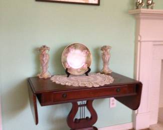 Vintage mahogany harp drop leaf table. (top needs to be refinished) $125.