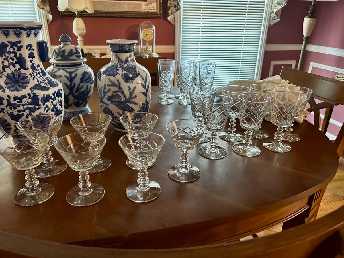 Oval Mid Century Dining Table, Crystal Stemware