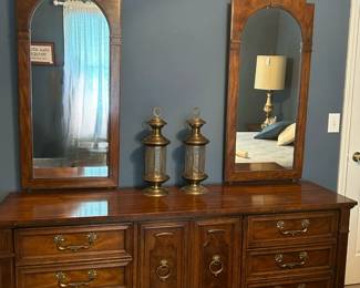 Drexel Heritage Walnut Triple Dresser with Mirrors
