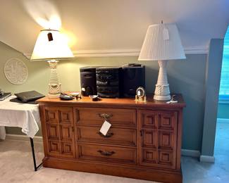 Oak Credenza, Pair of Mid Century Ceramic Lamps