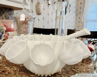 Milk glass punch bowl with cups