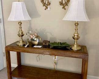 Pair Brass Lamps, Glass Top Console Table