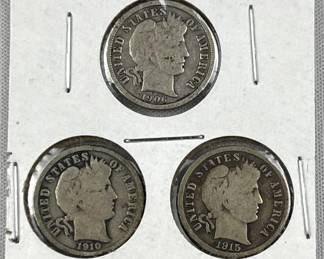 (3) Barber Silver Dimes, Nice Wreath on 1906