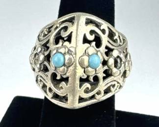 925 Silver Ornate Chunky Ring w/ Turquoise