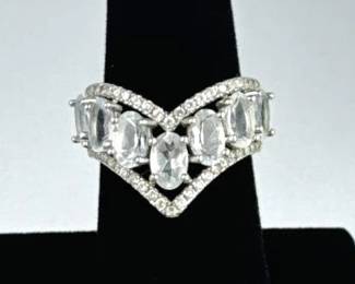 925 Silver Aquamarine & White Topaz Ring, Signed