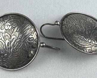 925 Silver Silpada Etched Dragon Disc Earrings