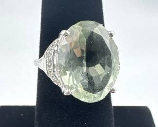 925 Silver Green Amethyst and Diamond Ring