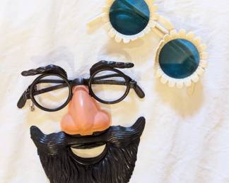 Novelty glasses including the ol' fake nose and beard set, and a sunflower style pair of sunglasses