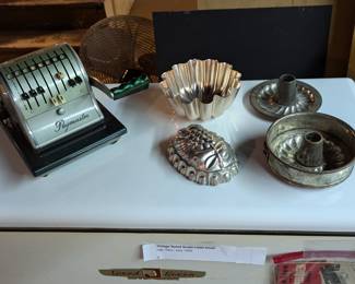Vintage Paymaster check writing money order machine; kitchen molds for cakes and gelatins